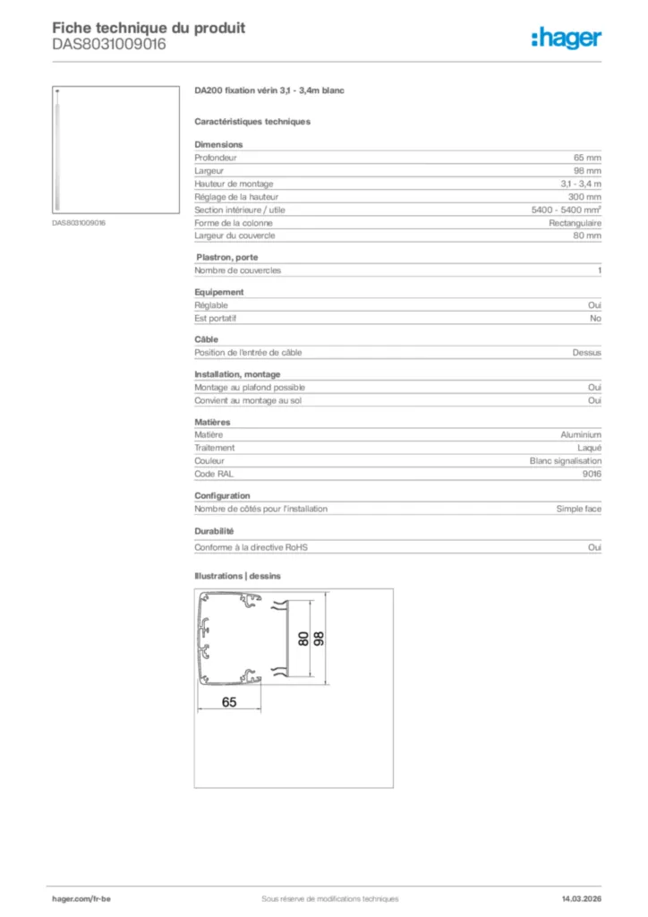 Image Hager Fiche technique du produit DAS8031009016 | Hager Belgique