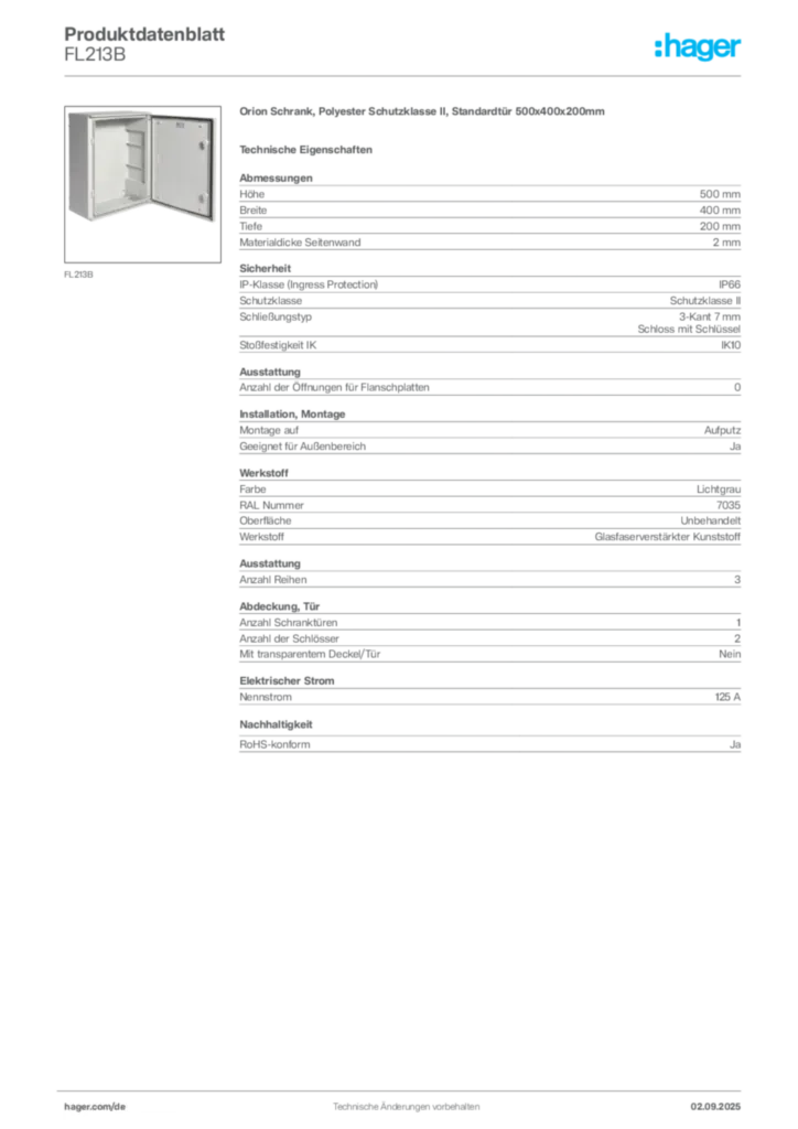 Hager Produktdatenblatt FL213B