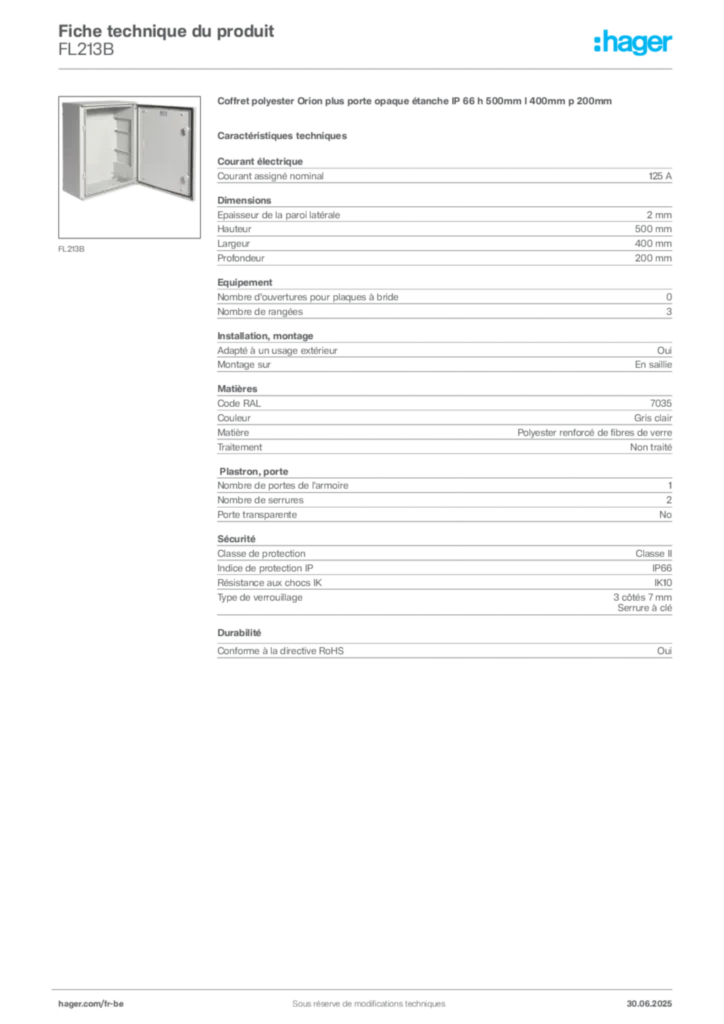 Image Hager Fiche technique du produit FL213B | Hager Belgique