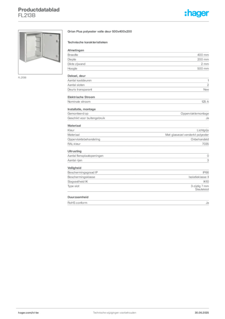 Afbeelding Hager Productdatablad FL213B | Hager Belgium