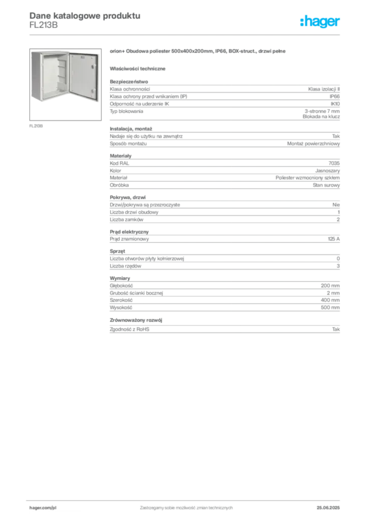 Zdjęcie Hager Dane katalogowe produktu FL213B | Hager Polska