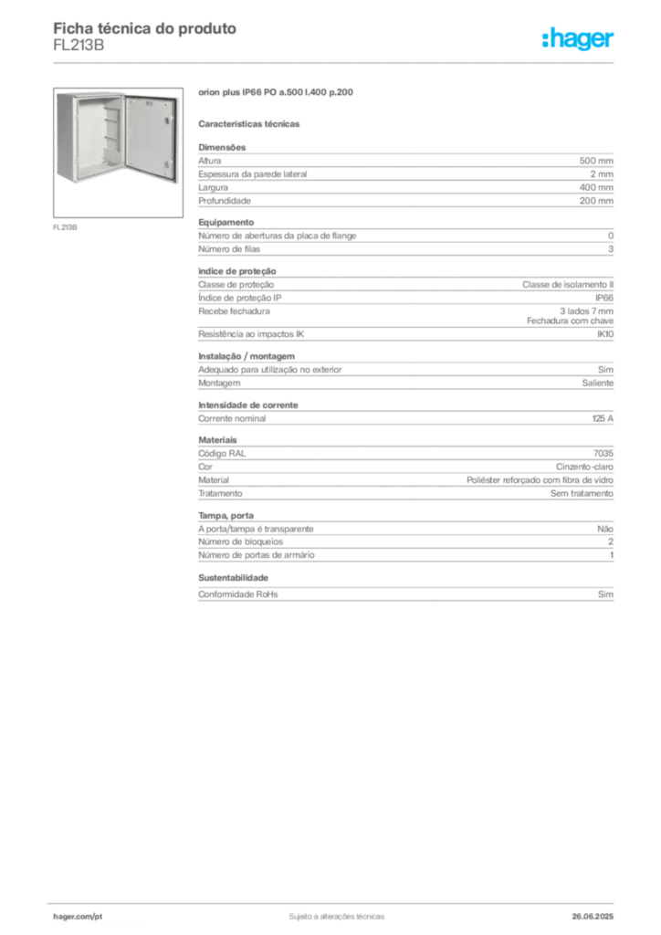 Imagem Hager Ficha técnica do produto FL213B | Hager Portugal