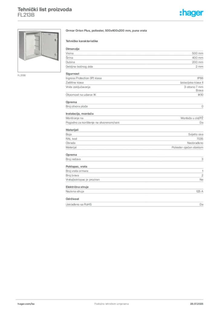 Slika Hager Product data sheet FL213B  | Hager