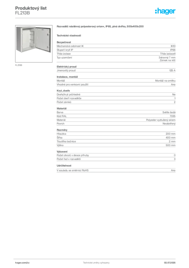 Obrázek Hager Produktový list FL213B | Hager