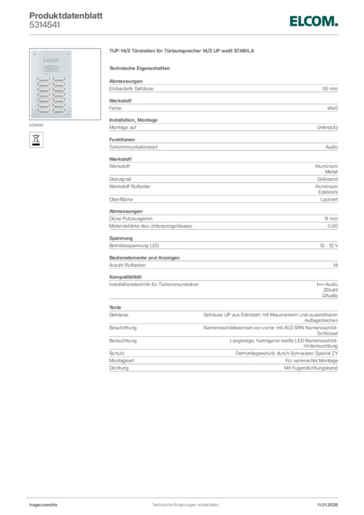 Bild Elcom Produktdatenblatt 5314541 | Hager Deutschland