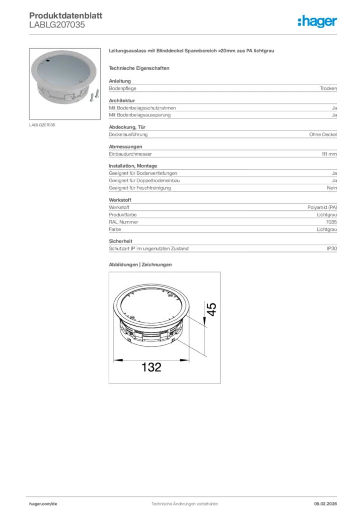 Bild Hager Produktdatenblatt LABLG207035 | Hager Deutschland