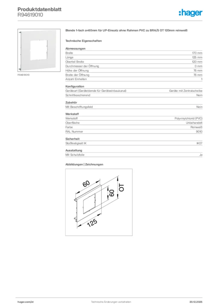 Bild Hager Produktdatenblatt R94619010 | Hager Deutschland