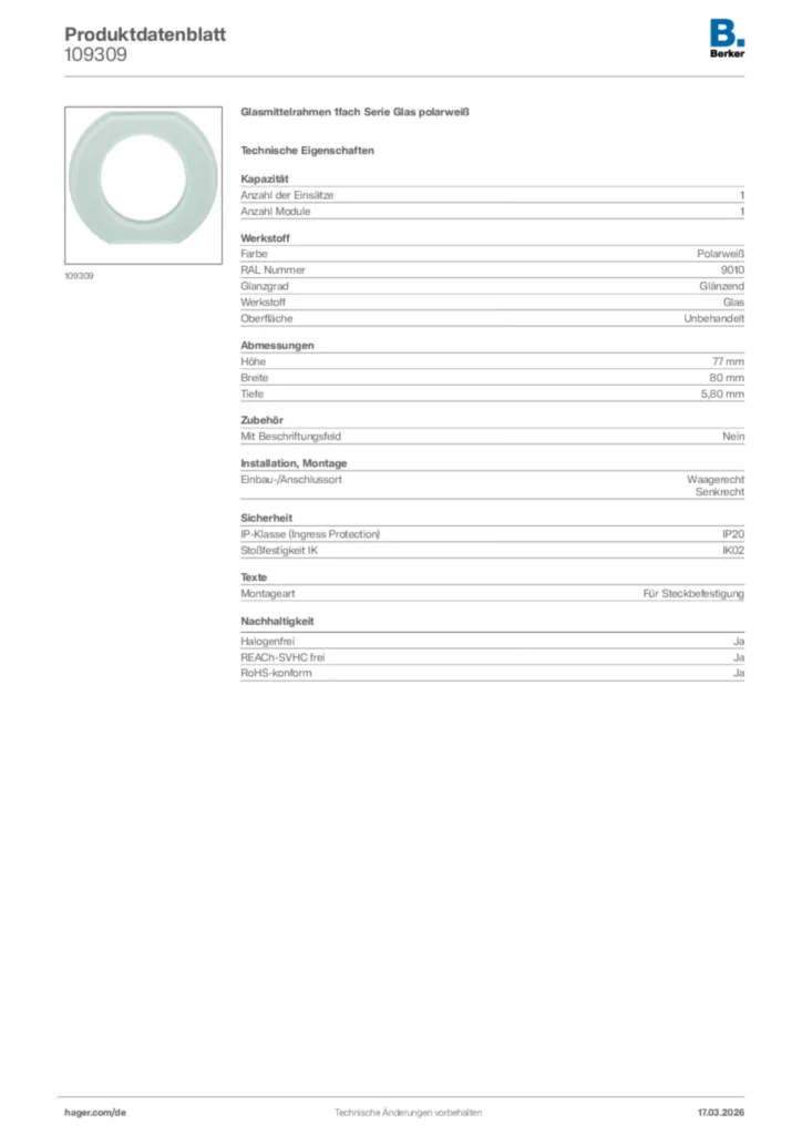 Bild Berker Produktdatenblatt 109309 | Hager Deutschland