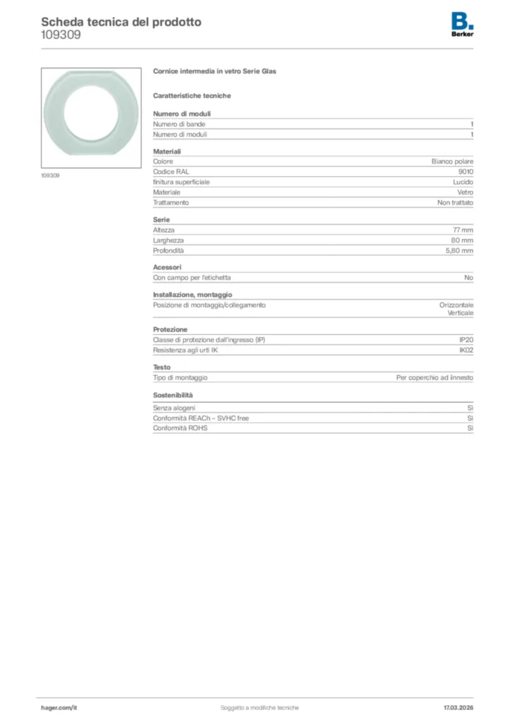 Immagine Berker Scheda tecnica del prodotto 109309 | Hager Italia