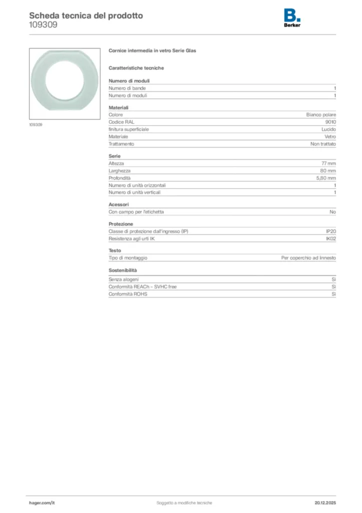 Immagine Berker Scheda tecnica del prodotto 109309 | Hager Italia