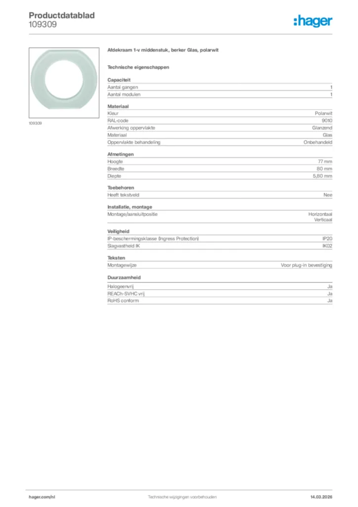 Afbeelding Hager Productdatablad 109309 | Hager Nederland