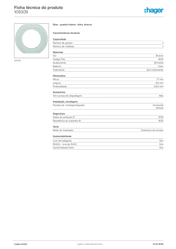 Imagem Hager Ficha técnica do produto 109309 | Hager Portugal