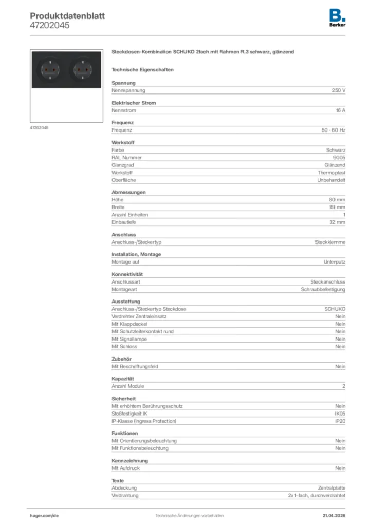 Bild Berker Produktdatenblatt 47202045 | Hager Deutschland