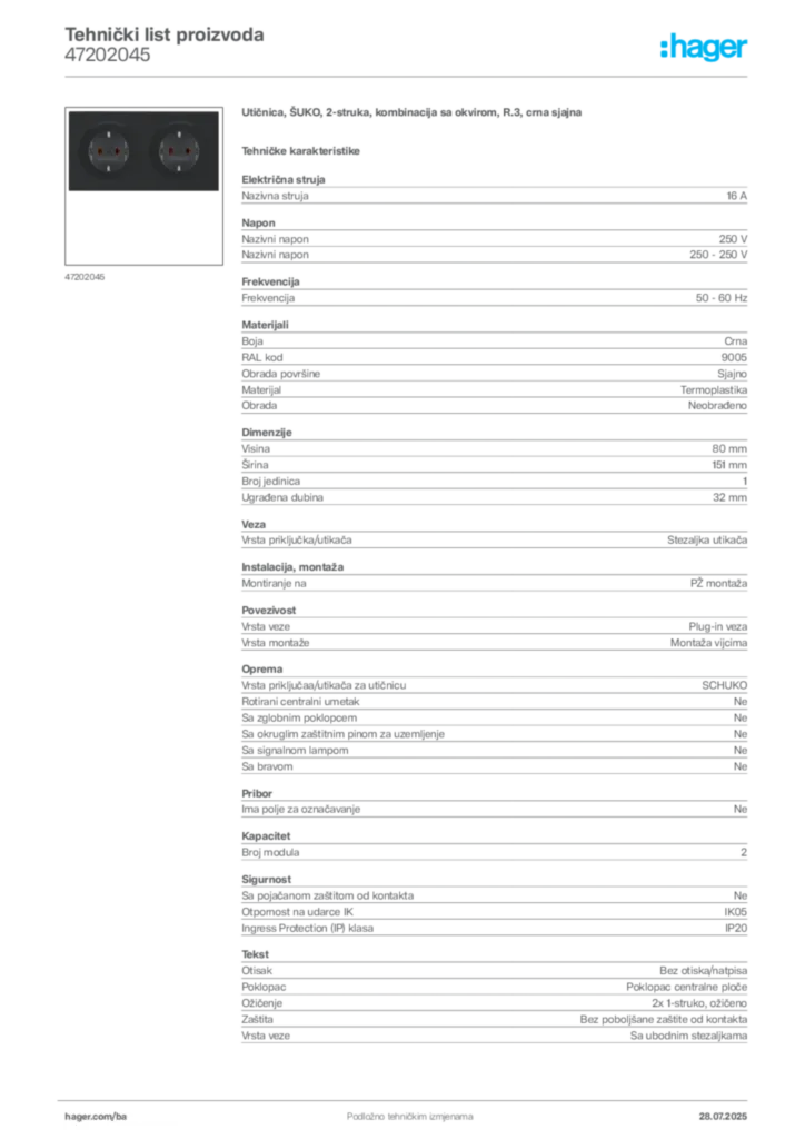 Slika Hager Product data sheet 47202045  | Hager