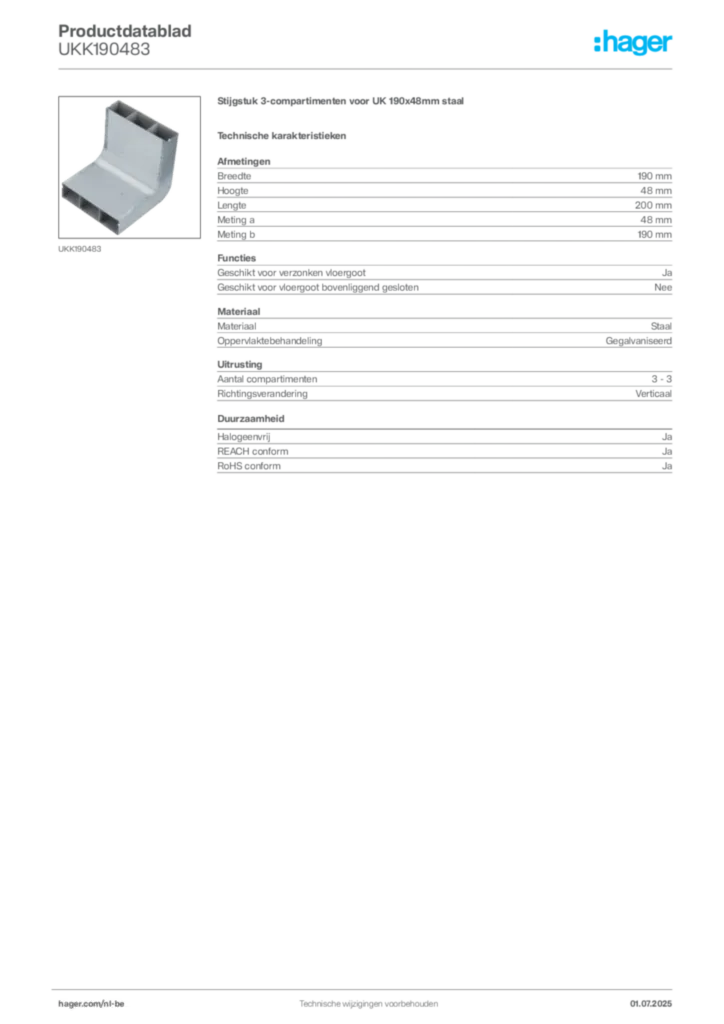 Afbeelding Hager Productdatablad UKK190483 | Hager Belgium