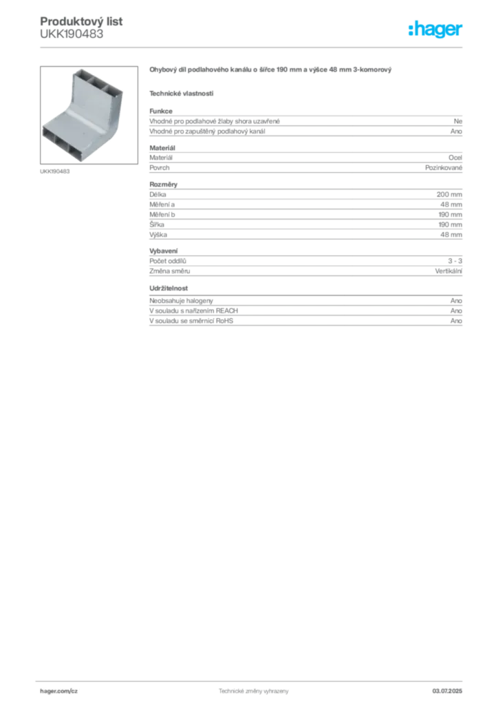 Obrázek Hager Produktový list UKK190483 | Hager