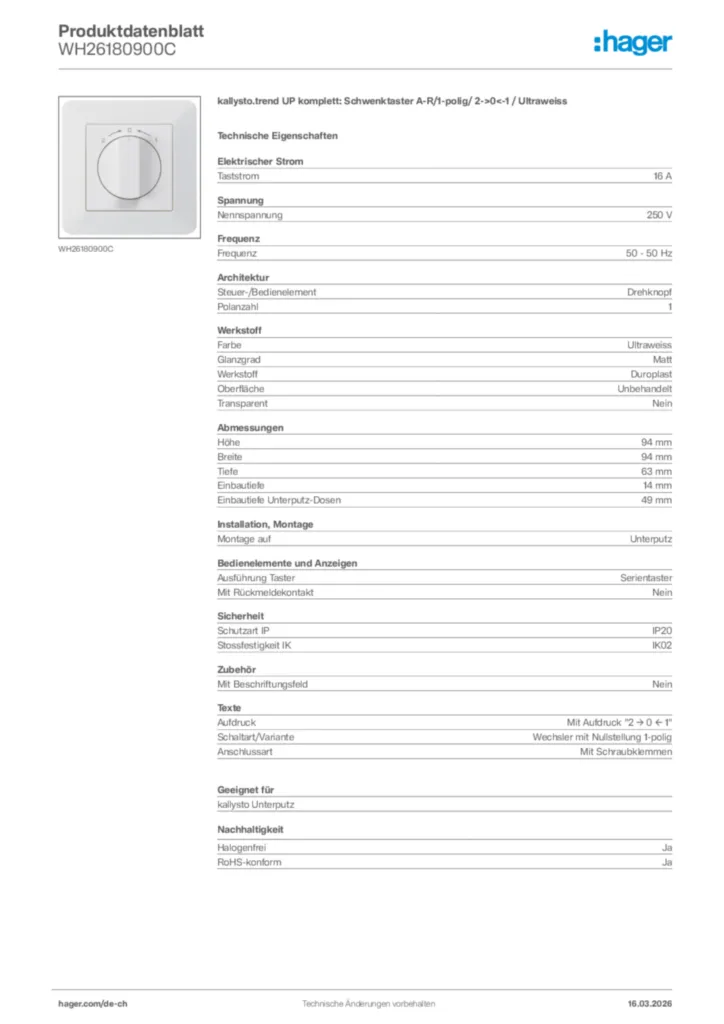 Bild Hager Produktdatenblatt WH26180900C | Hager Schweiz