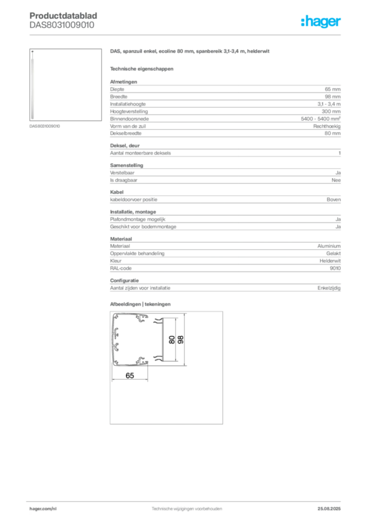 Afbeelding Hager Productdatablad DAS8031009010 | Hager Nederland