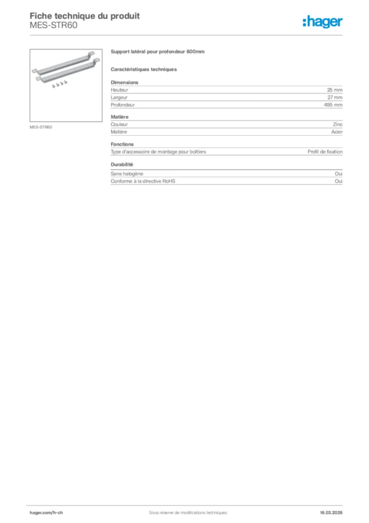 Image Hager Fiche technique du produit MES-STR60 | Hager Suisse