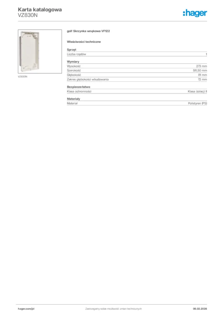 Zdjęcie Hager Karta katalogowa VZ830N | Hager Polska