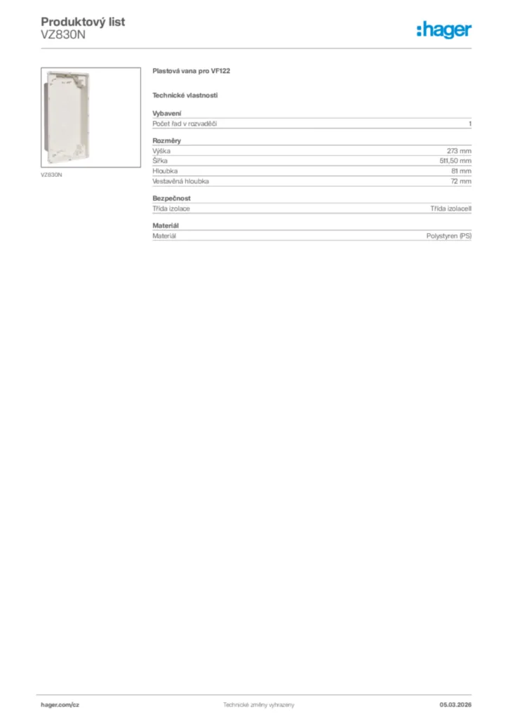 Obrázek Hager Product data sheet VZ830N | Hager