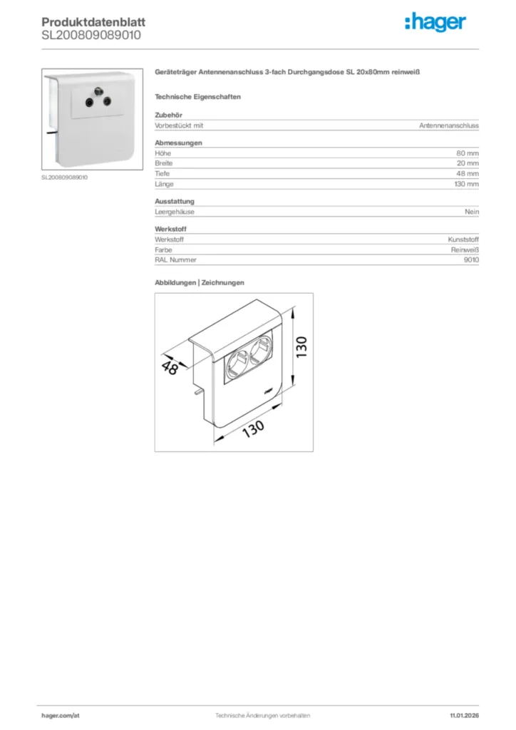 Bild Hager Produktdatenblatt SL200809089010 | Hager Deutschland