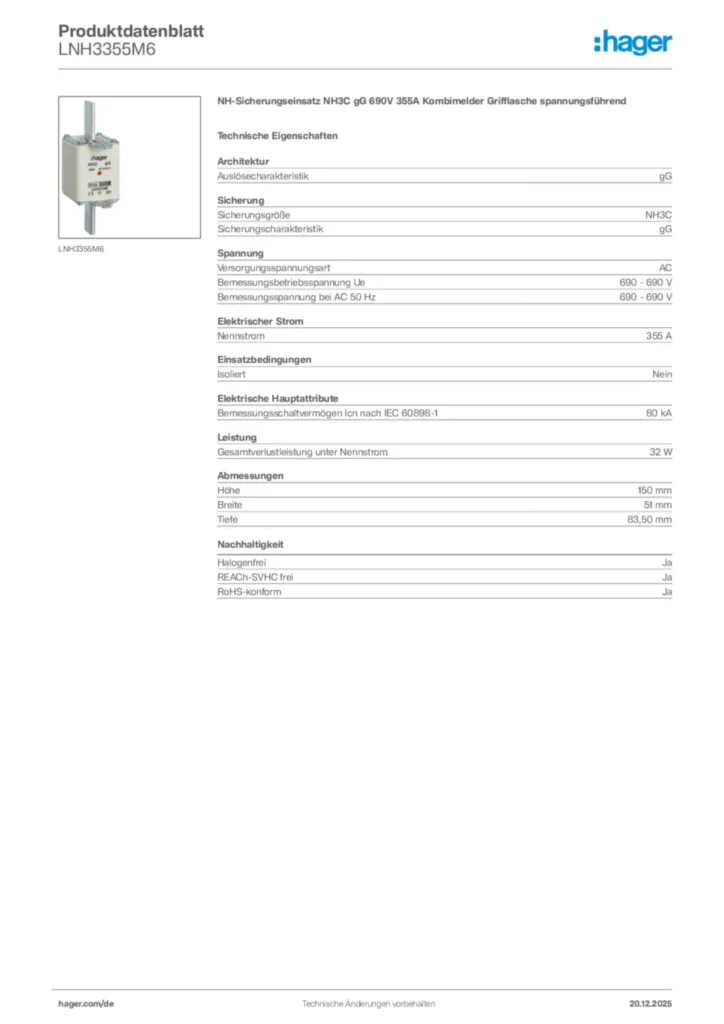 Bild Hager Produktdatenblatt LNH3355M6 | Hager Deutschland