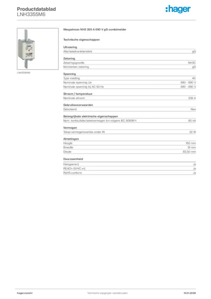 Afbeelding Hager Productdatablad LNH3355M6 | Hager Nederland