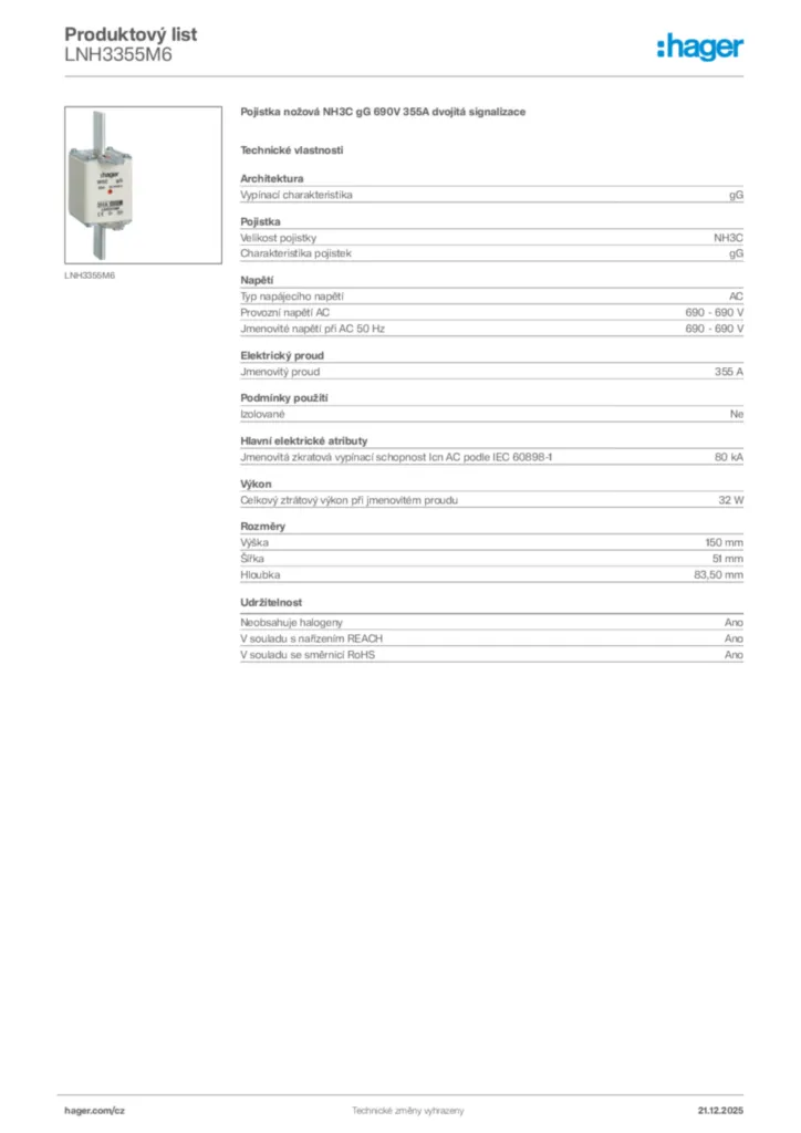 Obrázek Hager Produktový list LNH3355M6 | Hager
