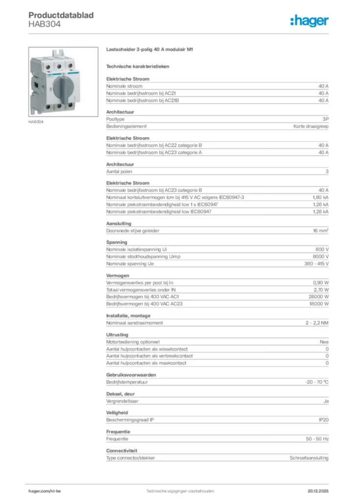 Afbeelding Hager Productdatablad HAB304 | Hager Belgium