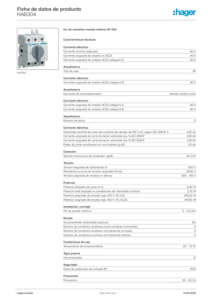 Imagen Hager Ficha de datos de producto HAB304 | Hager España