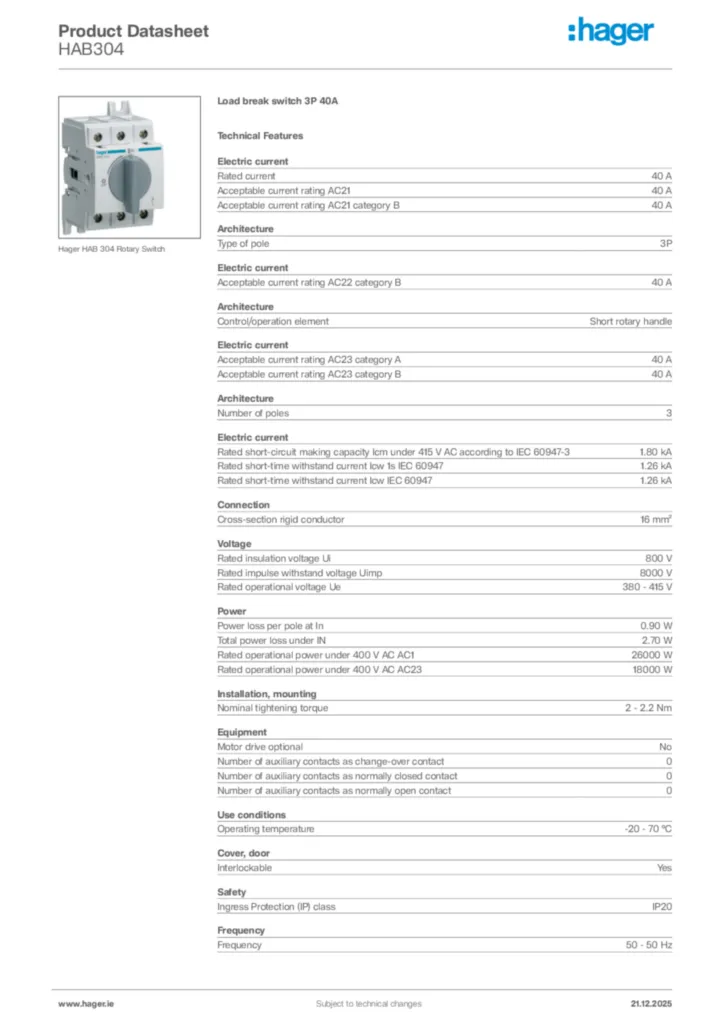 Image Hager Product data sheet HAB304  | Hager