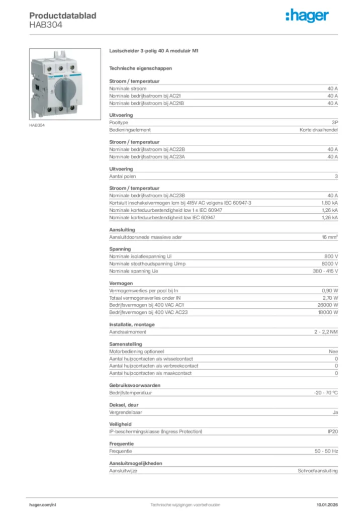 Afbeelding Hager Productdatablad HAB304 | Hager Nederland