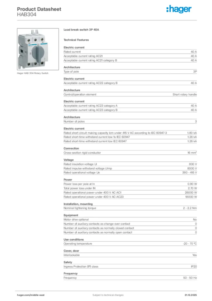 Image Hager Product data sheet HAB304  | Hager