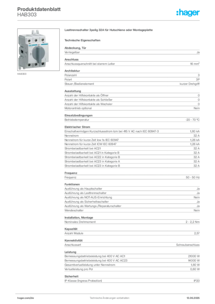 Bild Hager Produktdatenblatt HAB303 | Hager Deutschland