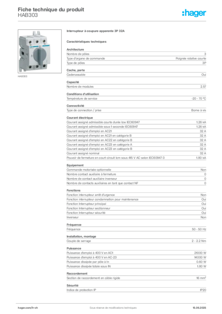 Image Hager Fiche technique du produit HAB303 | Hager Suisse