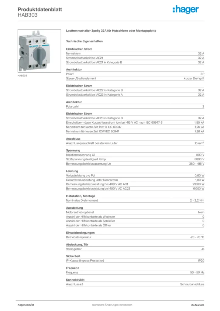 Bild Hager Produktdatenblatt HAB303 | Hager Deutschland