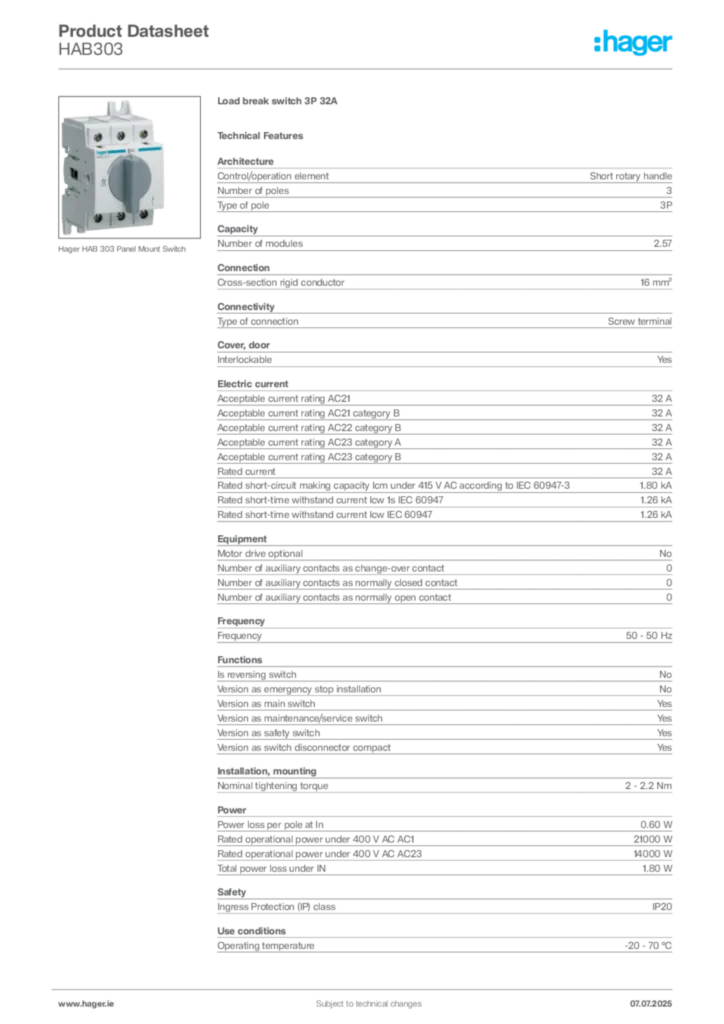 Image Hager Product data sheet HAB303  | Hager