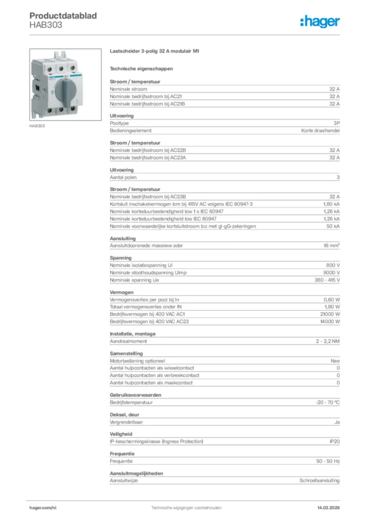 Afbeelding Hager Productdatablad HAB303 | Hager Nederland