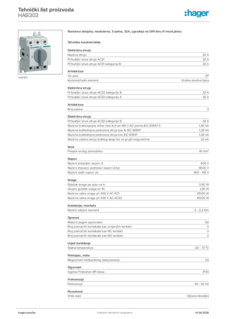 Slika Hager Tehnički list proizvoda HAB303  | Hager