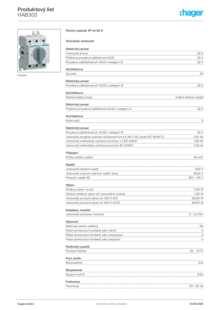 Obrázek Hager Produktový list HAB303 | Hager
