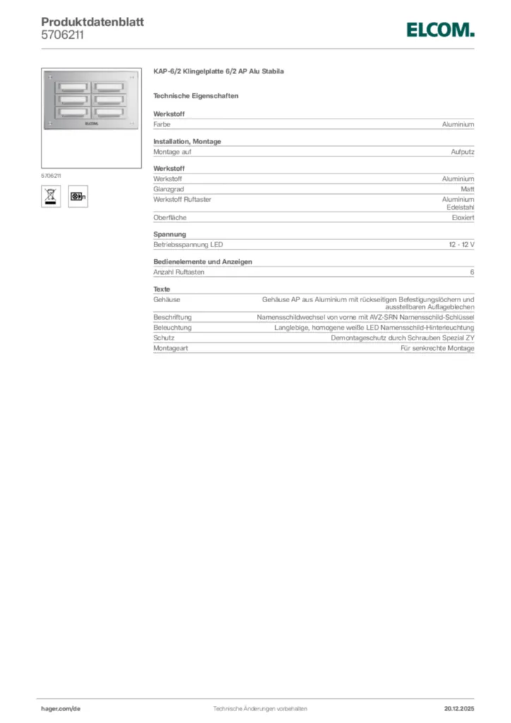 Bild Elcom Produktdatenblatt 5706211 | Hager Deutschland