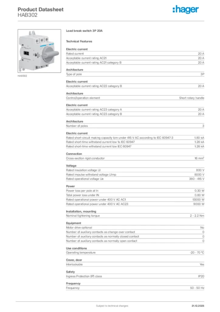 Image Hager Product data sheet HAB302  | Hager Africa