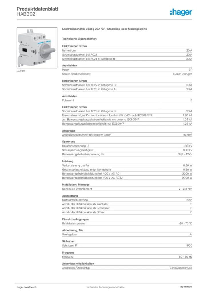 Bild Hager Produktdatenblatt HAB302 | Hager Schweiz