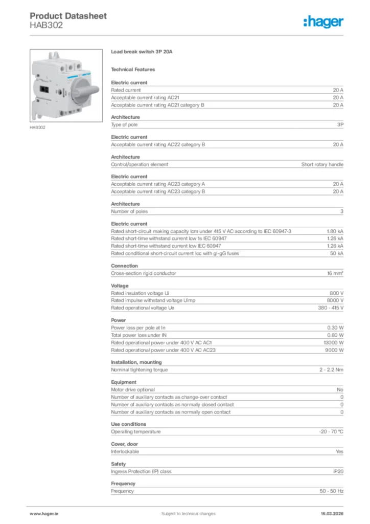 Image Hager Product data sheet HAB302  | Hager