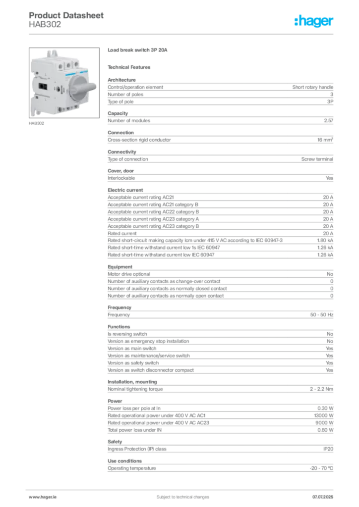 Image Hager Product data sheet HAB302  | Hager