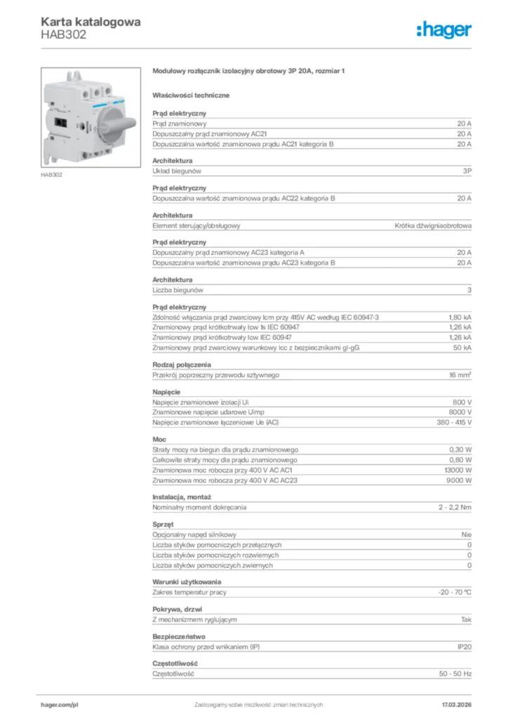 Zdjęcie Hager Karta katalogowa HAB302 | Hager Polska