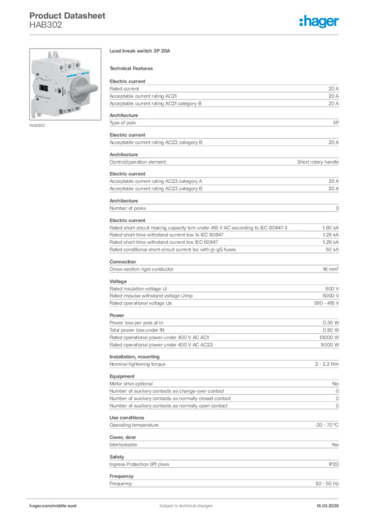 Image Hager Product data sheet HAB302  | Hager