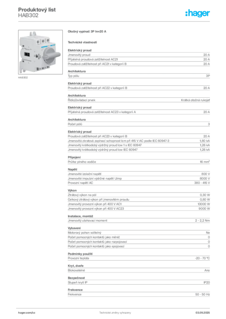 Obrázek Hager Produktový list HAB302 | Hager