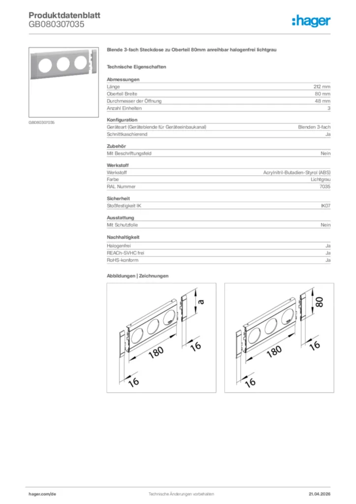 Bild Hager Produktdatenblatt GB080307035 | Hager Deutschland